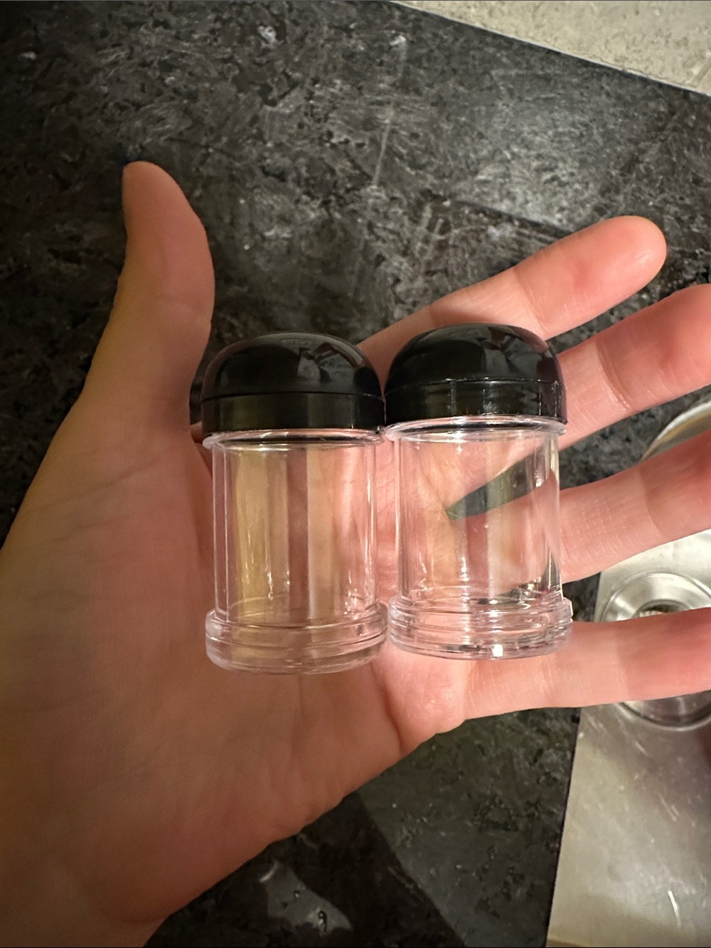 Mini Clear Small Plastic Jars Set of 2 Salt & Pepper shakes. Perfect for lunches